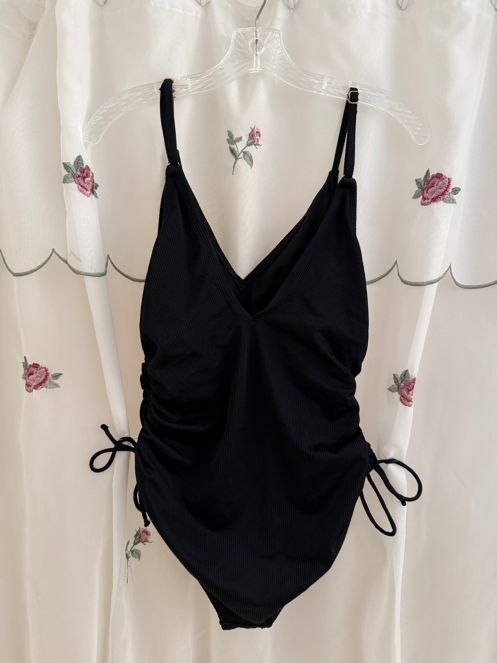 Black Ribbed One-Piece Swimsuit with Side Ties